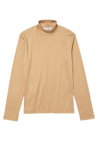 Tan long-sleeve turtleneck shirt made of soft fabric, featuring a fitted design, smooth texture, and minimal stitching detail along the hem.