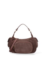 Borsa a mano in suede marrone con una forma curva, dotata di un compartimento principale e una tasca frontale con zip. Include un manico corto e una tracolla staccabile.