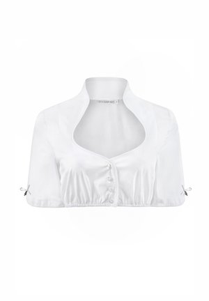 White cropped blouse made of smooth fabric, featuring a high collar, short sleeves, five buttons down the front, and tie accents at sleeve ends.