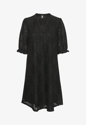 Abito in pizzo nero con scollatura a V, maniche a palloncino corte, motivo floreale e orlo ondulato. Tessuto leggero con un aspetto testurizzato.