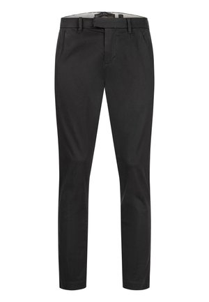 Schwarze Slim-Fit-Hose mit Gürtelschlaufen, Vordertaschen sowie Knopf- und Reißverschluss, auf weißem Hintergrund dargestellt.