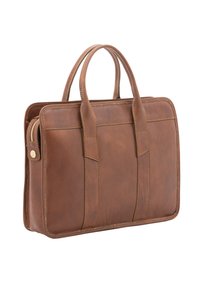 Valigetta in pelle marrone con due manici, chiusura a zip, due tasche frontali e dettagli di cucitura. Texture liscia, forma rettangolare.