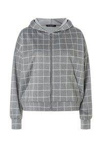 Haut à zip gris avec un motif en grille blanche, doté d'une capuche, de poches frontales et de poignets côtelés. Fabriqué en tissu doux et texturé.