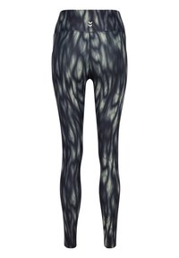 Legginsy z elastycznego materiału z ciemnym, wijącym się wzorem w odcieniach czerni i kremu, z wysokim stanem i detalem logo.