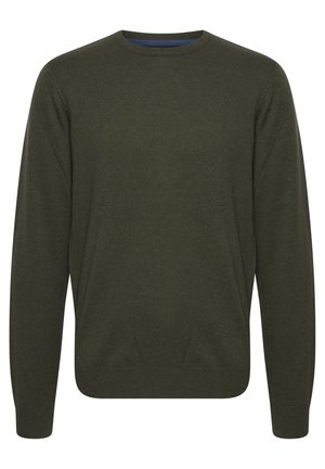 Dunkelgrüner Rundhalsausschnitt-Pullover aus glattem Strickstoff, mit langen Ärmeln und gerippten Bündchen und Saum. Der Innenkragen hat ein kontrastierendes blaues Detail.