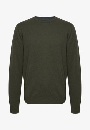 Sötétzöld, kerek nyakú pulóver sima kötésű anyagból, hosszú ujjal, bordás mandzsettával és paszponttal. A belső gallér kontrasztos kék részlettel rendelkezik.