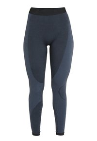 Těsně přiléhající tmavě modré legíny s texturovaným panelem a tmavými akcenty, vysokým elastickým pasem a manžetami u kotníků.