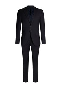 Marineblaues zweiteiliges Anzugset mit einem einreihigen Blazer mit Reverskragen, zwei Knöpfen und flachen Stoffhosen aus einem glatten Material.