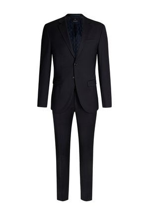 Completo blu navy in due pezzi con giacca a un petto, revers a risvolto, due bottoni e pantaloni dritti in un tessuto liscio.