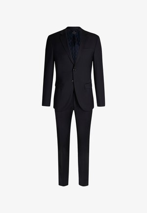 Completo blu navy in due pezzi con giacca a un petto, revers a risvolto, due bottoni e pantaloni dritti in un tessuto liscio.