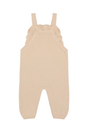 Beige knitted baby romper with shoulder straps and ruffled detailing along the arm openings.