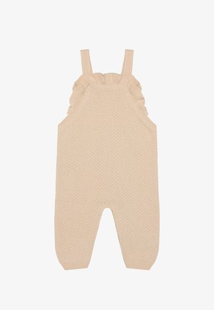 Beige gebreid babyrompertje met schouderbandjes en ruches langs de armsgaten.