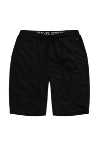 Shorts de sport noirs en tissu doux. Dotés d'une taille élastique avec cordon de serrage et d'un logo sur la taille. Design simple et polyvalent.