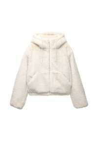 Beskåret cremet faux fur hoodie med lynlåslukning, snørehætte og forlommer. Blød tekstur med minimale sømme.