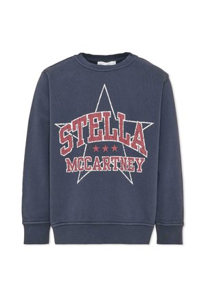 Felpa blu navy con maniche lunghe, con una grande stella bianca contornata e testo rosso consumato "STELLA MCCARTNEY" sul davanti.