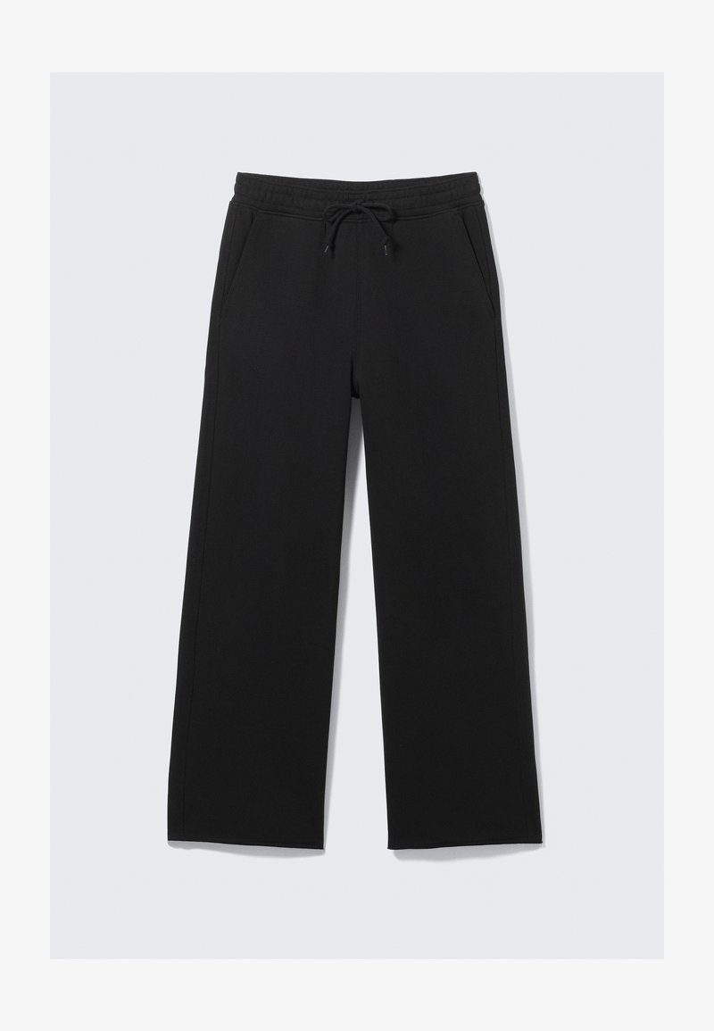 Black wide-leg sweatpants made of soft fabric, featuring an elastic waistband with a drawstring, and open side pockets.
