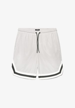 Pantaloncini sportivi in rete bianca con coulisse nera e strisce diagonali nere e bianche sui lati vicino all'orlo.