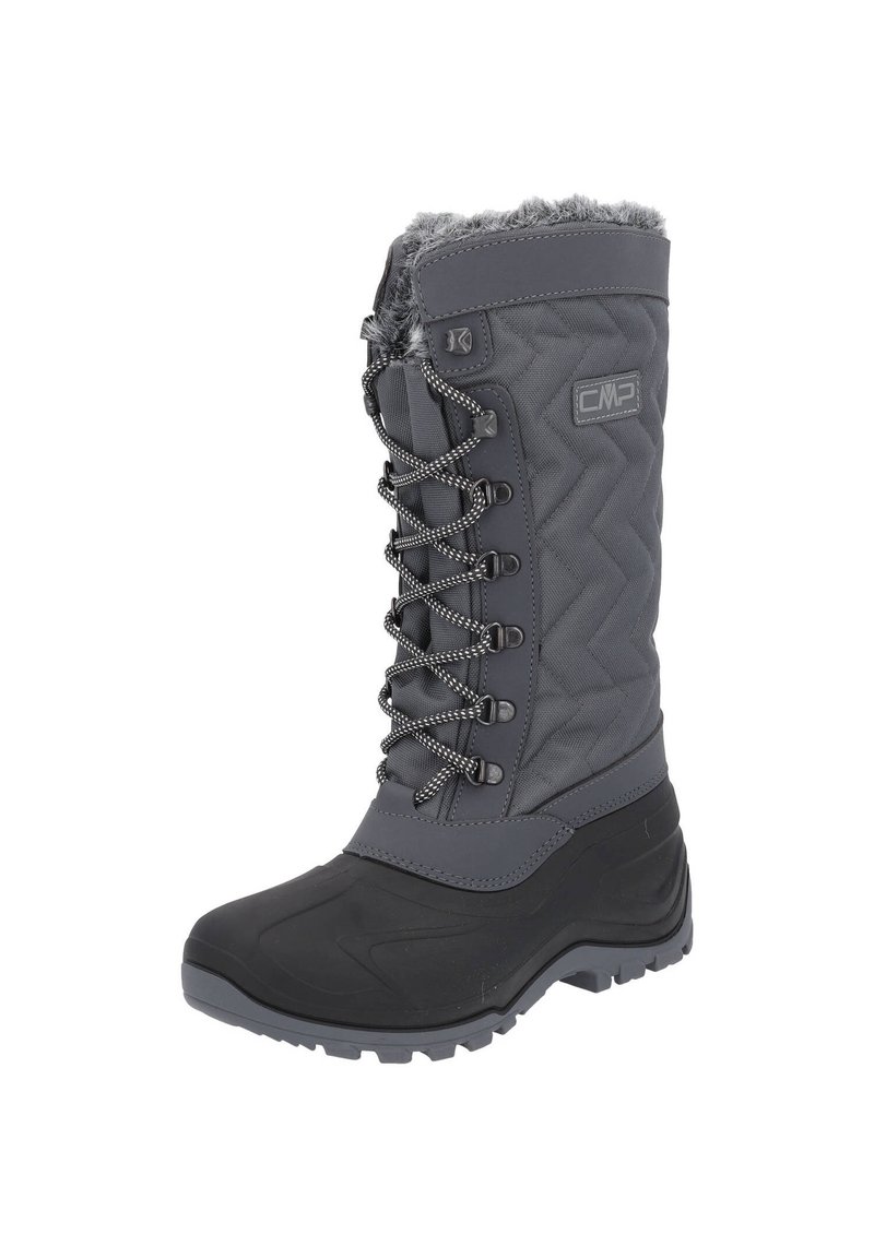 Grau wasserfester Winterstiefel mit einer gesteppten Oberseite, Kunstfellbesatz und strukturiertem Gummisohle; verfügt über ein Schnürdesign für einen sicheren Sitz.