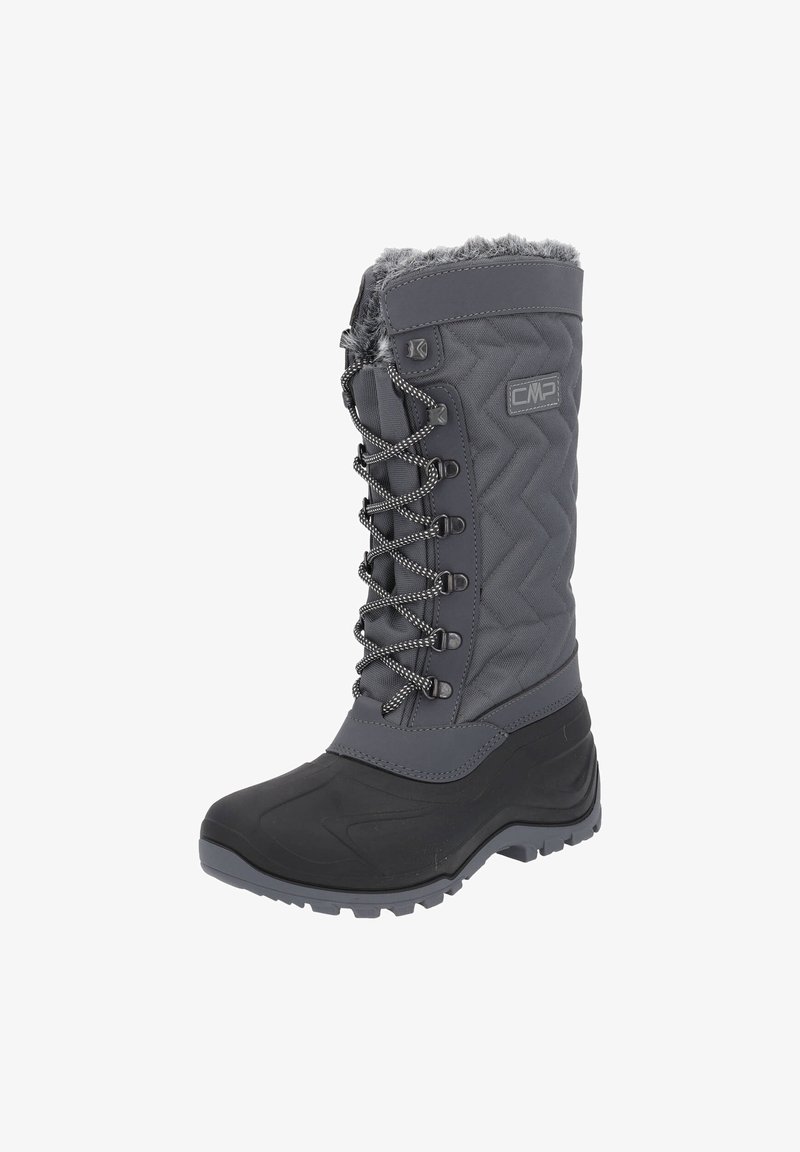 Grau wasserfester Winterstiefel mit einer gesteppten Oberseite, Kunstfellbesatz und strukturiertem Gummisohle; verfügt über ein Schnürdesign für einen sicheren Sitz.