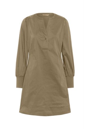 Long-sleeve khaki dress with round neckline, single button placket, puffed sleeves, and wide ribbed cuffs.