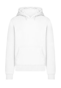 White hooded sweatshirt made of soft fabric. Features a front pouch pocket and ribbed cuffs and hem. Smooth texture, simple design.