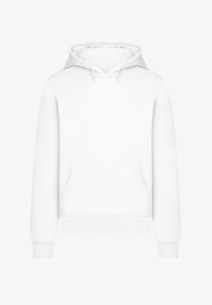 White hooded sweatshirt made of soft fabric. Features a front pouch pocket and ribbed cuffs and hem. Smooth texture, simple design.
