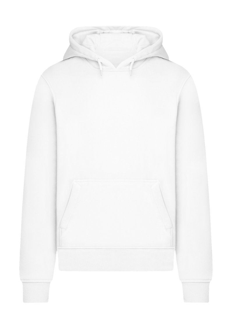 White hooded sweatshirt made of soft fabric. Features a front pouch pocket and ribbed cuffs and hem. Smooth texture, simple design.