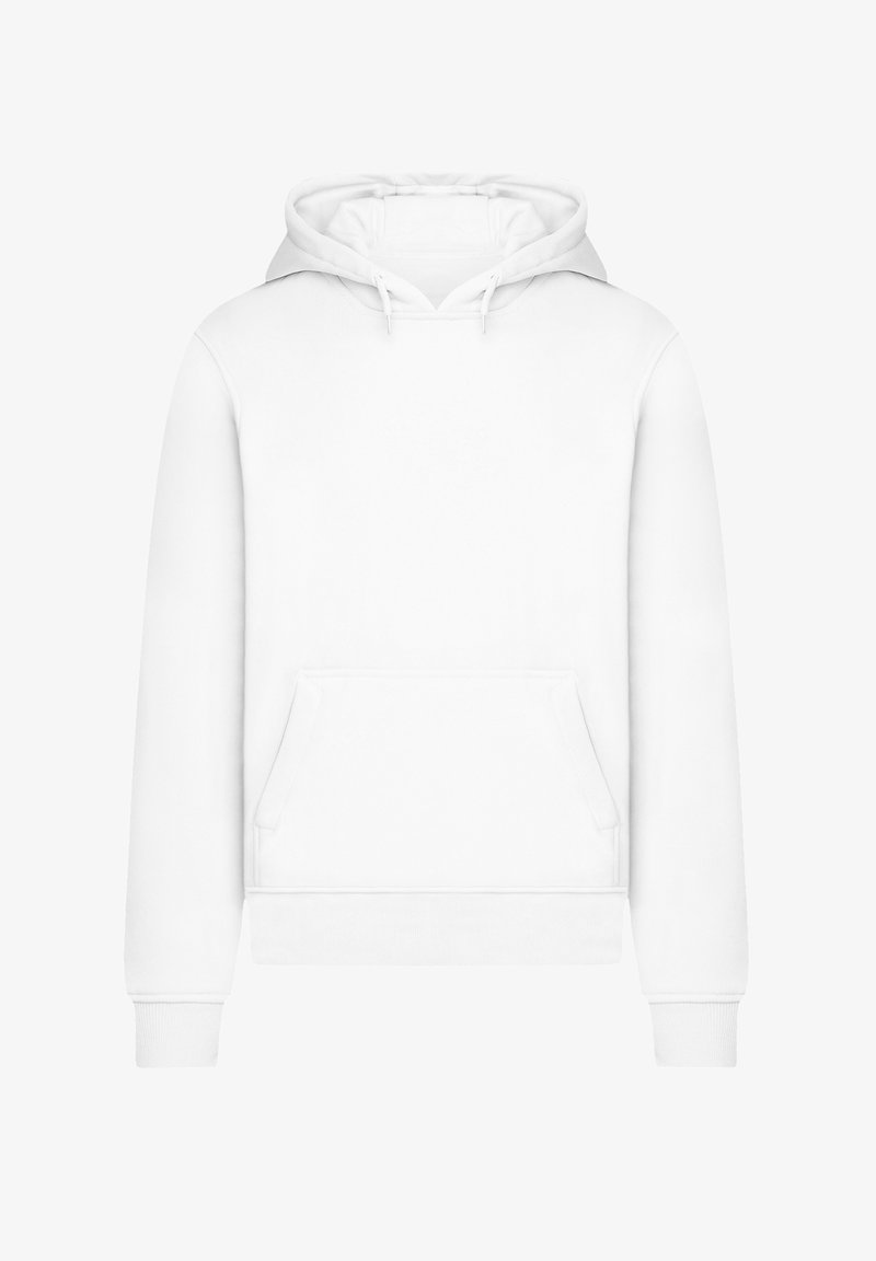 White hooded sweatshirt made of soft fabric. Features a front pouch pocket and ribbed cuffs and hem. Smooth texture, simple design.