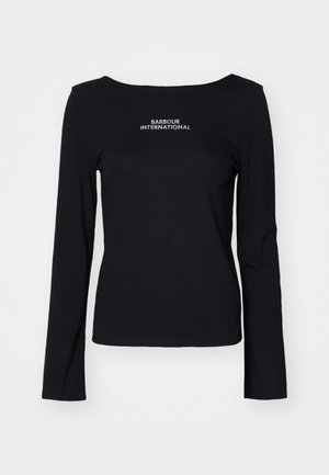 Black long-sleeve top made of lightweight fabric. Features a scoop neckline and white embroidered "BARBOUR INTERNATIONAL" logo on the chest.