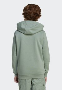 Hoodie verde claro com capuz ajustável, punhos e bainha canelados, feito de material macio; apresenta uma textura suave e um design minimalista.