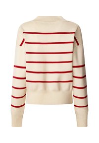 Maglione lavorato a maglia color crema con strisce orizzontali rosse. Presenta un colletto e polsini a costine, con una vestibilità comoda e una texture morbida.