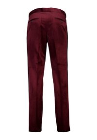 Pantaloni bordeaux con una texture liscia, taglio dritto e due tasche posteriori con bottoni. Presentano strisce laterali a contrasto.