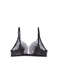 Bralette en dentelle noire avec des cups triangulaires, des motifs floraux transparents, des bretelles ajustables et une bande sous poitrine douce pour le confort et le soutien.