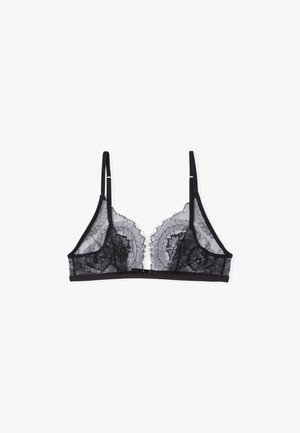 Black lace bralette with triangular cups, sheer floral patterns, adjustable straps, and a soft underband for comfort and support.