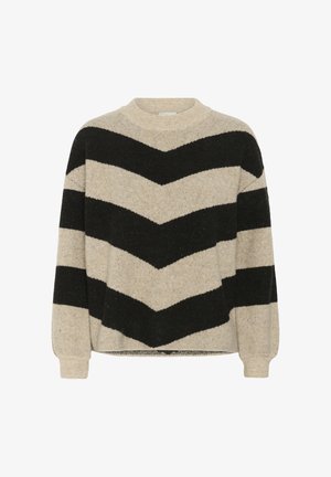 Krēmveida džemperis ar melniem zvejas svītrām, ar apaļu kakla izgriezumu, garām piedurknēm un brīvu piegriezumu, ar ribota auduma aprocēm un apakšmalu.