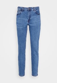 Blue denim jeans with a straight fit, five-pocket design, and subtle fading. Features a zip fly and belt loops with a clean hem.