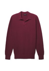 Pullover lavorato a maglia color bordeaux con texture a coste, dotato di un mezzo colletto e maniche lunghe, realizzato in un tessuto morbido.