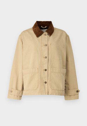 Beige cotton jacket with brown corduroy collar, front button closure, two large pockets, and stitching detail. Classic design with long sleeves.