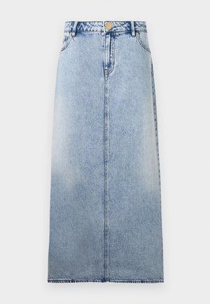 Jupe midi en jean bleu clair taille haute, avec boutons et fermeture éclair devant, poches latérales et coupe droite.