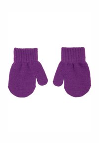 Mittens viola lavorati a maglia con polsino a costine, dotati di un pollice arrotondato, realizzati in filato morbido, progettati per calore e comfort.
