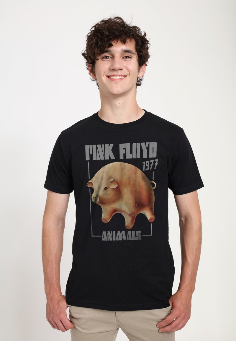 Černé tričko s velkým ilustrovaným grafikou prasete v jemných hnědých tónech, doplněné textem "PINK FLOYD 1977 ANIMALS."