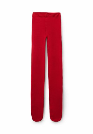 Leggings rossi realizzati in un materiale morbido e elastico. Caratterizzati da una cintura liscia e gambe affusolate, con un colore uniforme e senza motivi visibili.