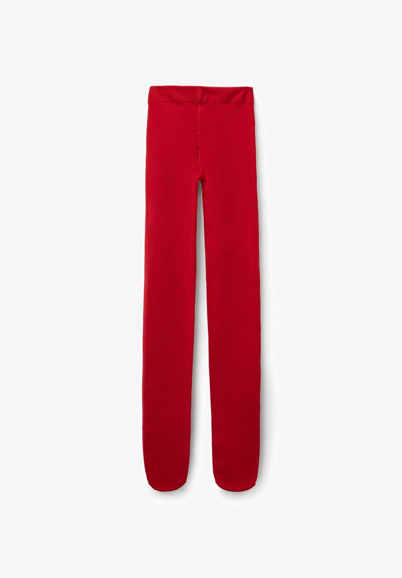 Leggings rossi realizzati in un materiale morbido e elastico. Caratterizzati da una cintura liscia e gambe affusolate, con un colore uniforme e senza motivi visibili.