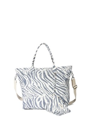 Grande borsa a mano con motivo zebrato grigio e bianco, manici, tracolla beige regolabile e pochette coordinata con zip attaccata.