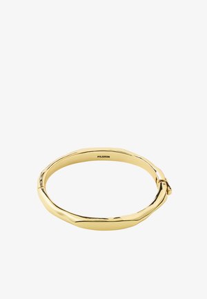 Gold-tone metal bangle bracelet with a smooth, slightly irregular texture and a small clasp closure, engraved with the brand name Pilgrim inside.