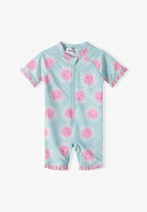 Korte mouw zwempak in lichtblauw met roze bloemenpatronen, voorzien van een ritssluiting aan de voorkant en rimpelige roze afwerking bij de mouwen en benen.