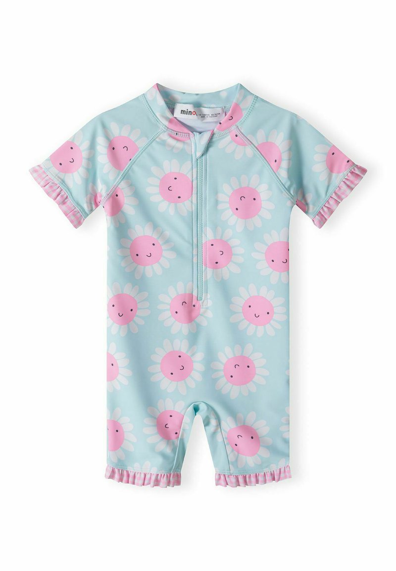 Maillot de bain à manches courtes en bleu clair avec des motifs de fleurs roses, doté d'une fermeture éclair à l'avant et d'un volant rose aux manches et aux jambes.
