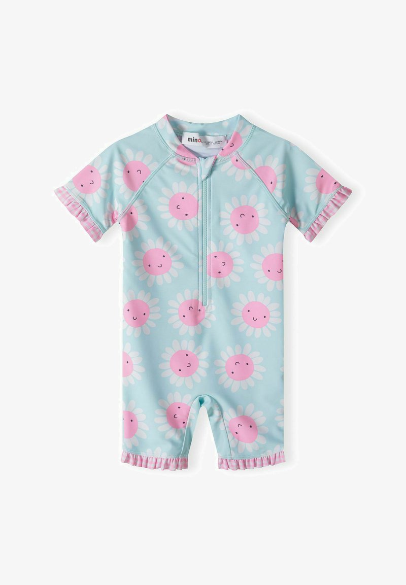 Maillot de bain à manches courtes en bleu clair avec des motifs de fleurs roses, doté d'une fermeture éclair à l'avant et d'un volant rose aux manches et aux jambes.