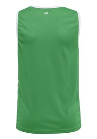Zielony sportowy top bez rękawów, wykonany z gładkiego, lekkiego materiału. Posiada białe akcenty po bokach oraz okrągły dekolt.