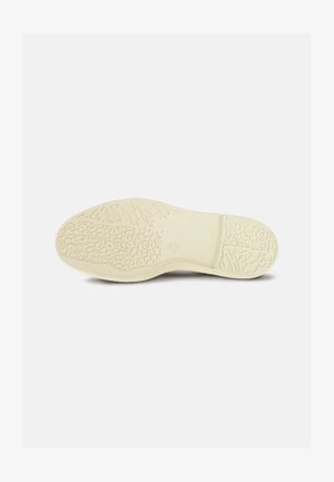 Semelle de chaussure en caoutchouc de couleur blanc cassé avec des motifs texturés, présentant un design antidérapant et un bord lisse. Matériau durable et flexible.